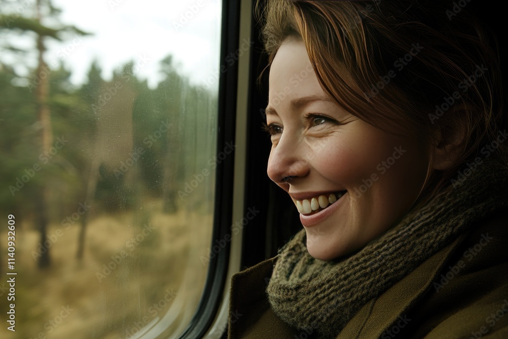 Woman Smiling on a Scenic Train Ride Through the Countryside Woman Smiling on a Scenic Train Ride Through the Countryside
