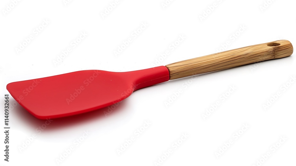 A red silicone spatula with a wooden handle on a white background A red silicone spatula with a wooden handle on a white background