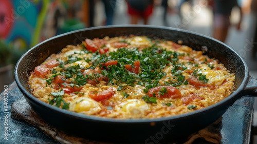 Shakshuka dish in skillet with tomatoes and herbs