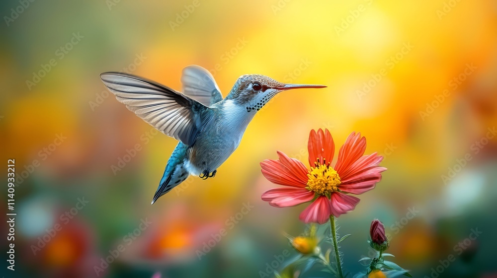 A hummingbird flying over a flower in a field of flowers A hummingbird flying over a flower in a field of flowers