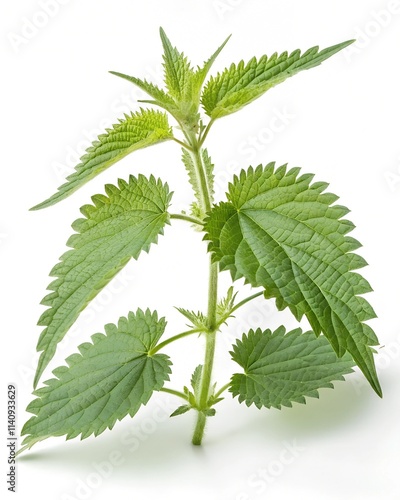 Nettle stem with leaves and flowers on a white background. The image is suitable for use in projects related to medicine (medicinal properties of nettle), cooking (soups, salads) and botany. photo