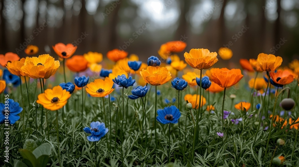 Fototapeta premium A field of orange and blue flowers in the woods