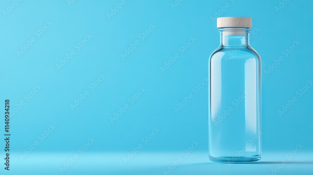 A transparent bottle capped with wood on a blue backdrop featuring a white cap atop A transparent bottle capped with wood on a blue backdrop featuring a white cap atop