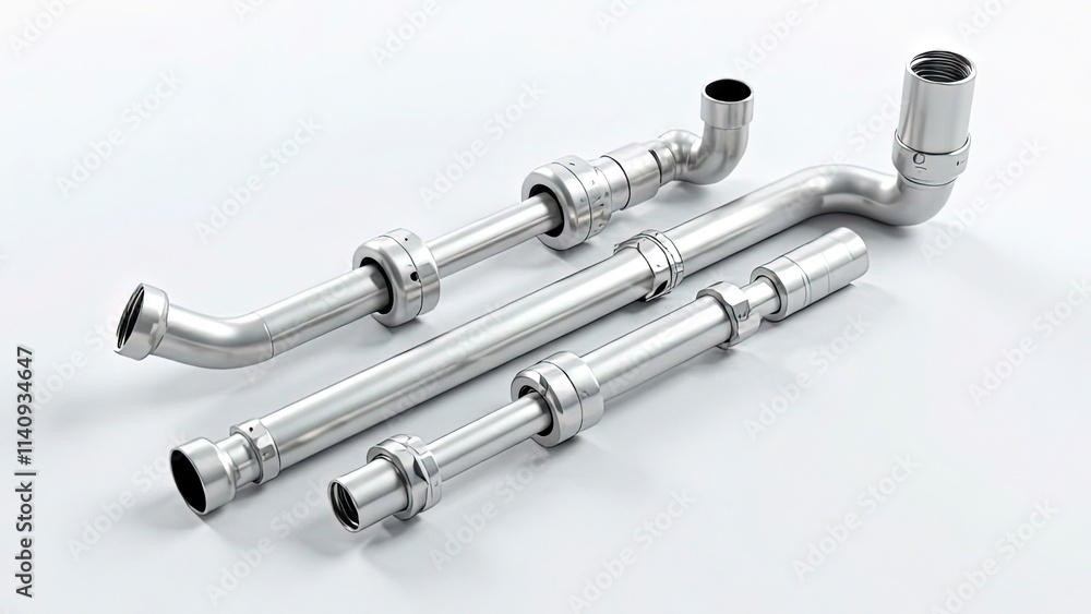 Fototapeta premium Sleek metal pipes and connectors, neatly displayed on a bright background, minimalistic and modern look