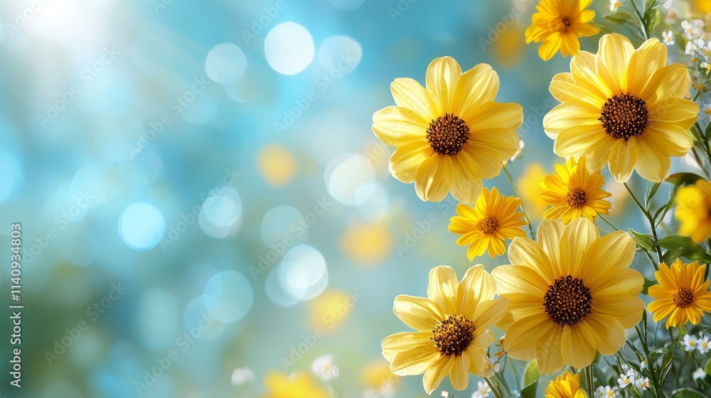 Obraz premium A bunch of yellow flowers on a blue background