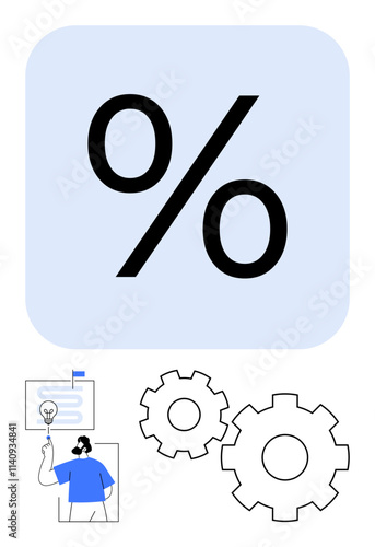 Business person presenting ideas on board with percentage sign above and mechanical gears nearby. Ideal for business, finance, productivity, brainstorming, innovation, economic growth, presentations