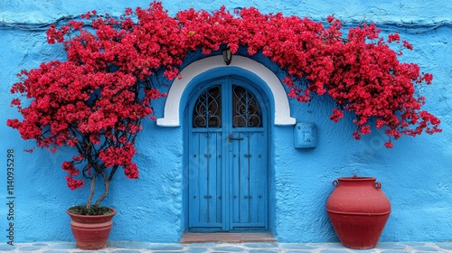 Fototapeta Naklejka Na Ścianę i Meble -  A blue door with red flowers growing over it