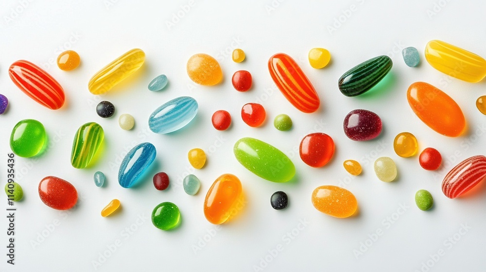 White surface with multicolored candies arranged on it, creating a vibrant image against a white background White surface with multicolored candies arranged on it, creating a vibrant image against a white background