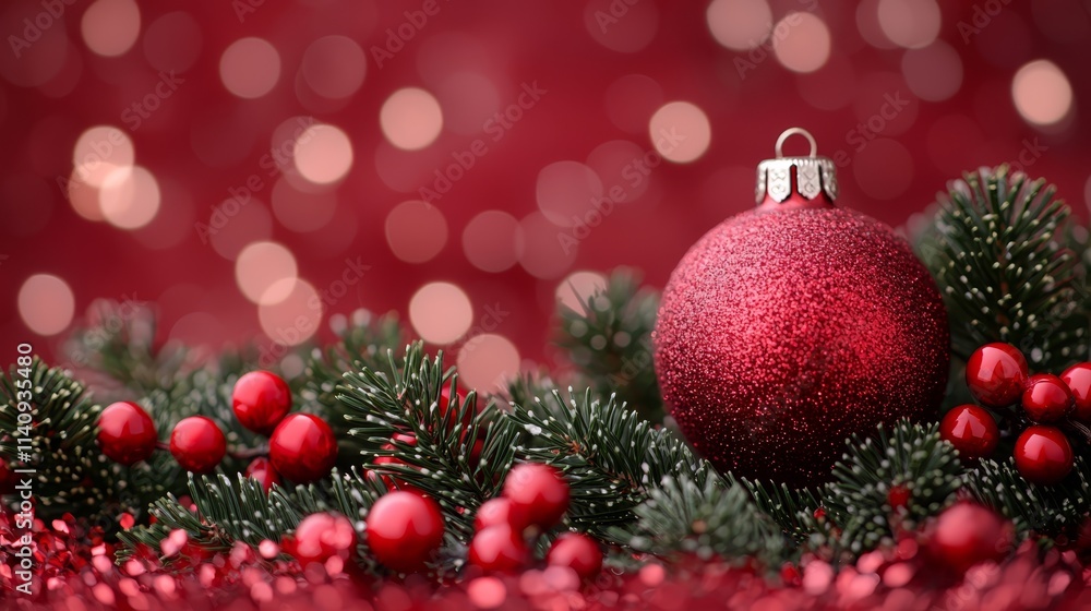 A red christmas ornament on a branch of a tree A red christmas ornament on a branch of a tree