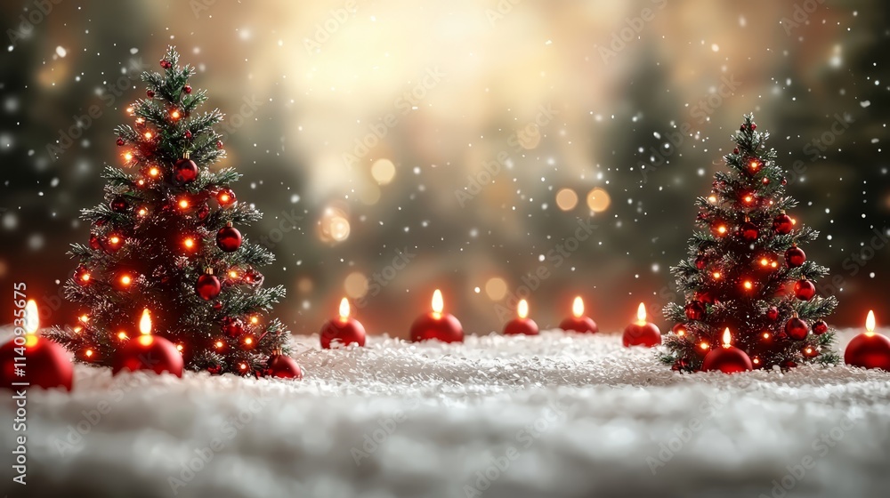 A group of small christmas trees with red ornaments in the snow A group of small christmas trees with red ornaments in the snow