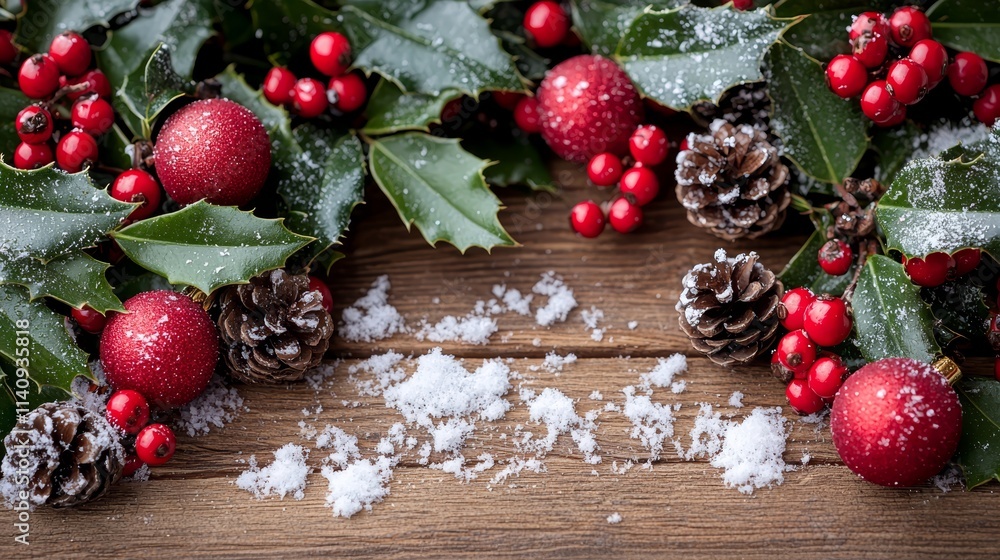 A wooden table topped with holly and pine cones covered in snow A wooden table topped with holly and pine cones covered in snow