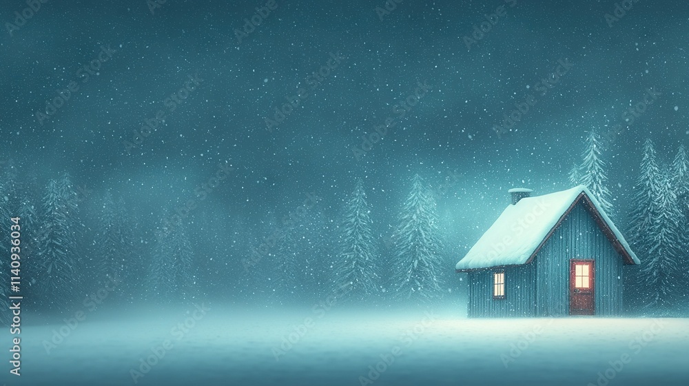 A red-door, windowed cabin nestled amidst a snowy forest A red-door, windowed cabin nestled amidst a snowy forest