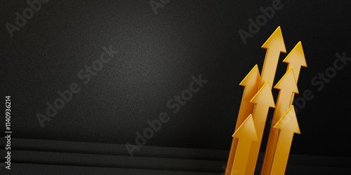 Canvastavla Golden arrows showing growth in business on black background, 3d illustration