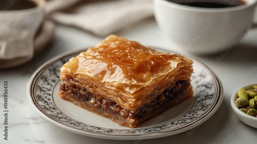 A piece of baklava on a plate with a cup of coffee. A piece of baklava on a plate with a cup of coffee.