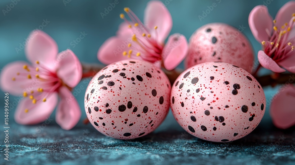 Obraz premium A bunch of pink eggs sitting on top of a blue table