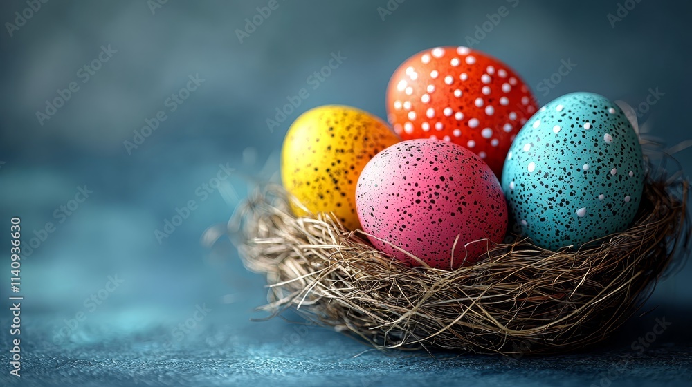 A nest filled with colorful painted eggs on a blue background A nest filled with colorful painted eggs on a blue background