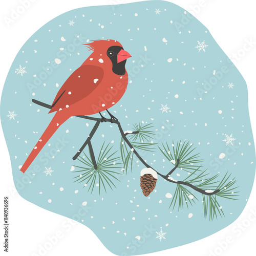 Northern Cardinal bird perched on pine twig with pinecone, falling snow at winter time
