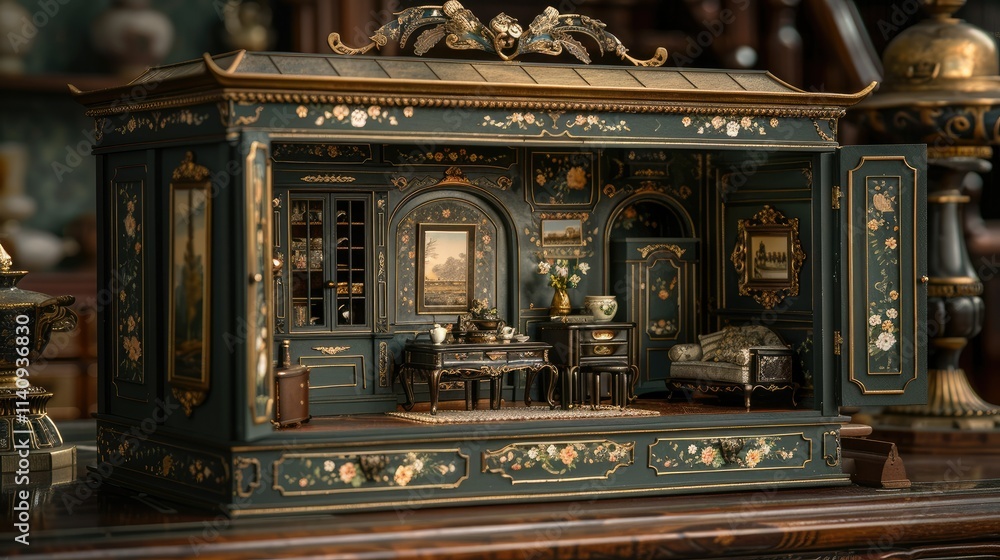 A detailed miniature room showcasing elegant furniture and decor in a vintage style. A detailed miniature room showcasing elegant furniture and decor in a vintage style.