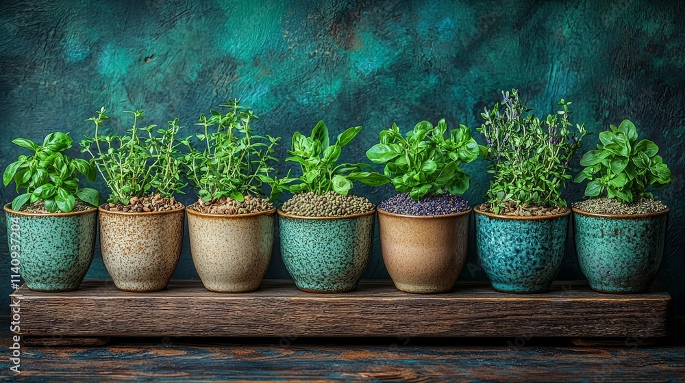 A row of potted plants sitting on top of a wooden shelf A row of potted plants sitting on top of a wooden shelf