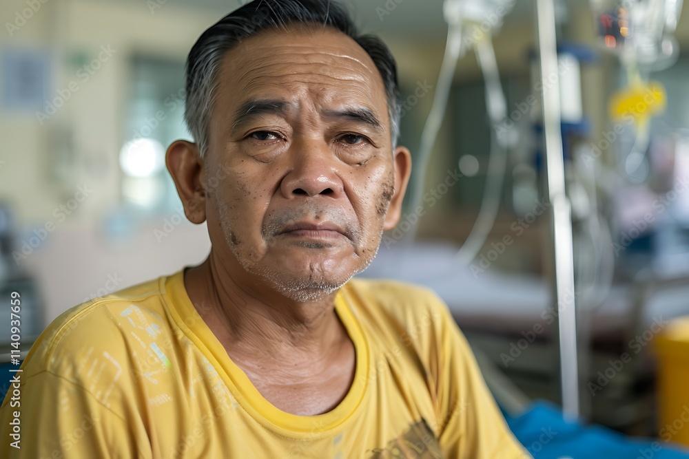 Senior patient sitting in hospital bed recovering after illness Senior patient sitting in hospital bed recovering after illness