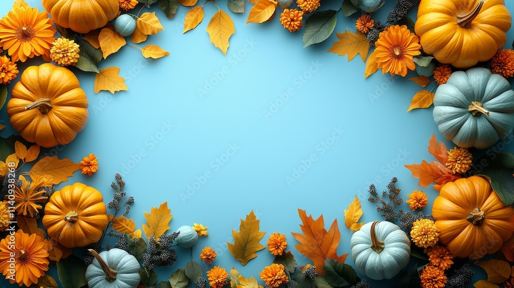 A blue background with pumpkins, leaves and flowers A blue background with pumpkins, leaves and flowers