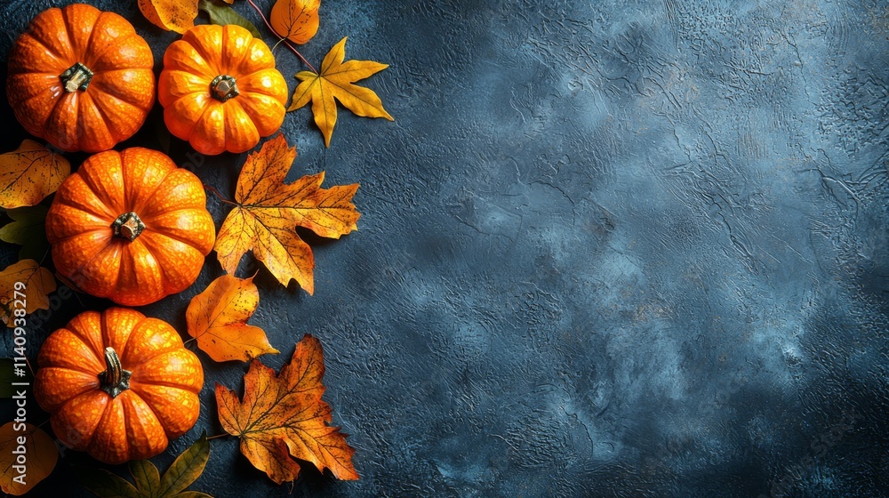 A group of pumpkins and leaves on a dark blue background A group of pumpkins and leaves on a dark blue background