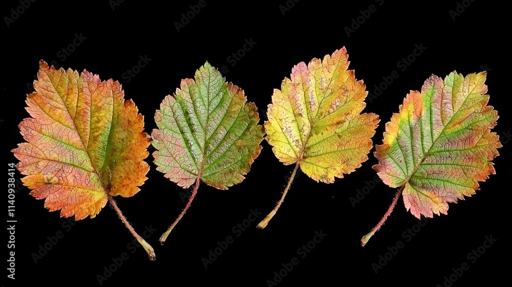 A group of four different colored leaves on a black background A group of four different colored leaves on a black background