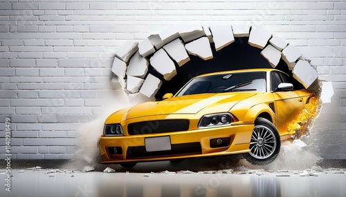 a yellow muscle car crashes through a white brick wall