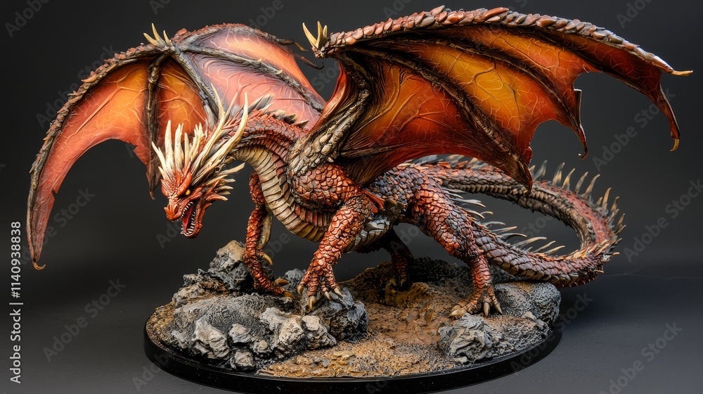 Fototapeta premium A red and orange dragon figurine on a black background