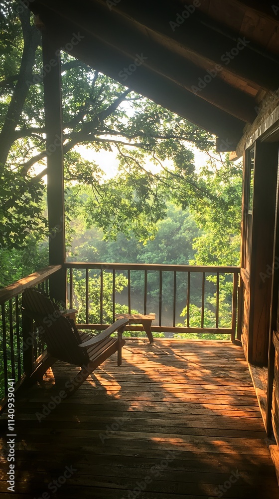 Serene balcony view surrounded by lush greenery at sunrise. Serene balcony view surrounded by lush greenery at sunrise.