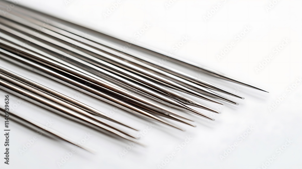A set of stainless steel skewers neatly aligned on a white background A set of stainless steel skewers neatly aligned on a white background