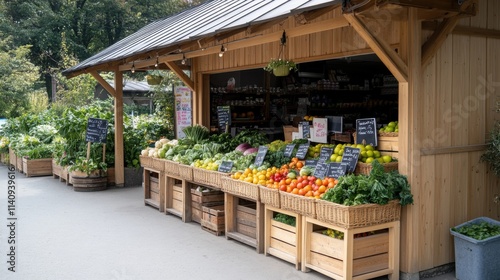 Fresh Produce Stand with Colorful Fruits and Vegetables in a Rustic Outdoor Market Setting