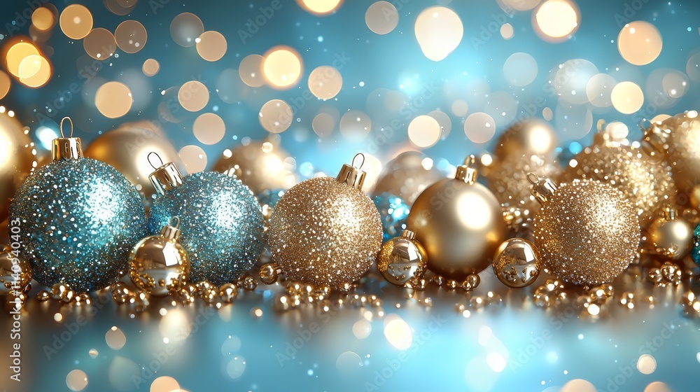 A bunch of blue and gold christmas ornaments on a blue background A bunch of blue and gold christmas ornaments on a blue background
