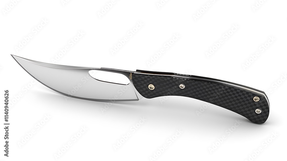 A sharp kitchen knife with a black ergonomic handle isolated on a white background A sharp kitchen knife with a black ergonomic handle isolated on a white background