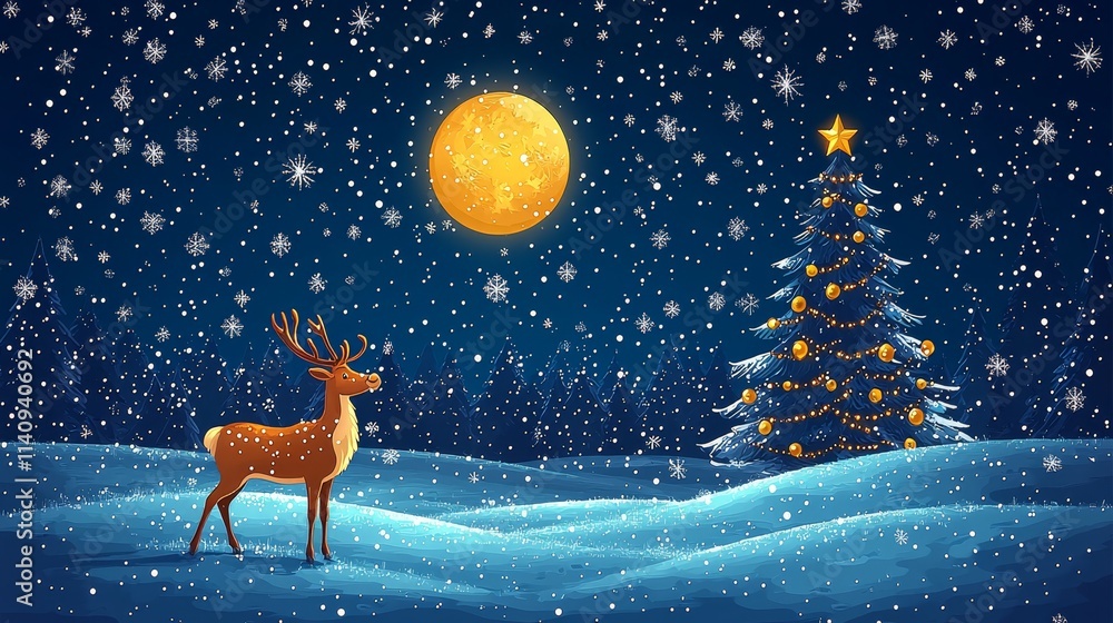 A reindeer standing in the snow next to a Christmas tree A reindeer standing in the snow next to a Christmas tree
