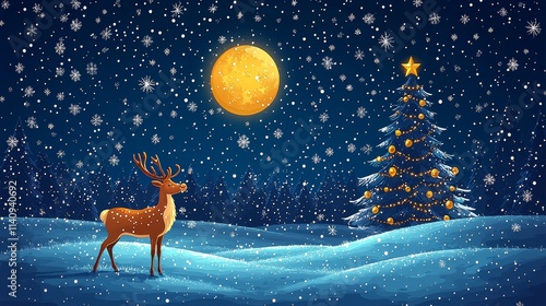 A reindeer standing in the snow next to a Christmas tree