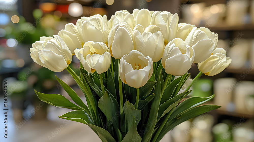 Bouquet of white tulips is displayed in a store. The flowers are arranged in a vase and are the main focus of the image. The store has a variety of vases and potted plants on display Bouquet of white tulips is displayed in a store. The flowers are arranged in a vase and are the main focus of the image. The store has a variety of vases and potted plants on display