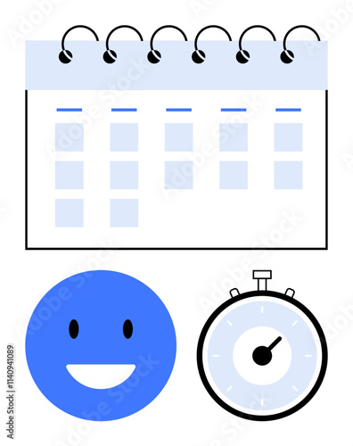 Calendar with spiral rings smiling blue face and stopwatch. Ideal for planning, productivity, time management, organization, happiness, efficiency, motivation. Line metaphor