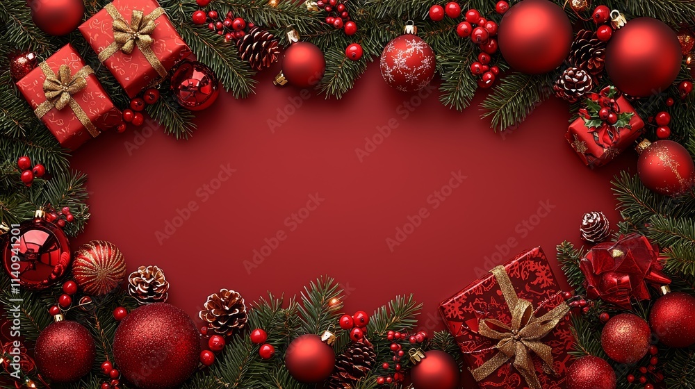 A red christmas background with presents and ornaments A red christmas background with presents and ornaments
