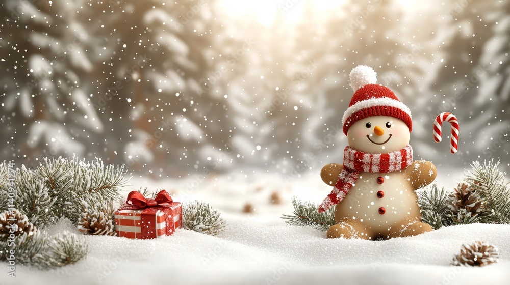 Obraz premium A snowman wearing a red hat and scarf holding a candy cane