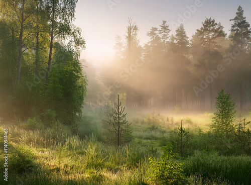 Wallpaper Mural  A foggy morning landscape with misty trees in a forest. Torontodigital.ca