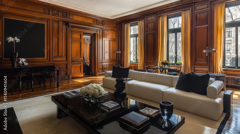 Naklejka premium Luxurious Living Room with Wooden Paneling and Large Windows