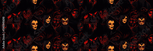 Sinister masquerade ball motifs, masked figures and dark elegance, mysterious and stylish. Background, seamless pattern.