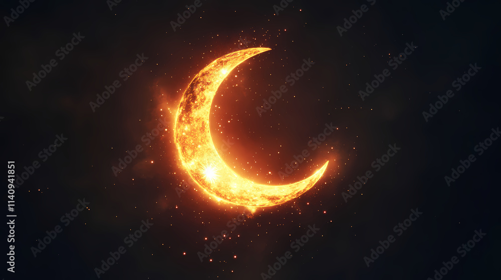 Elegant crescent moon and star symbol with glowing ethereal light isolated on a dark minimalist background providing ample copy space for spiritual messages meditations. Emblaze. Illustration