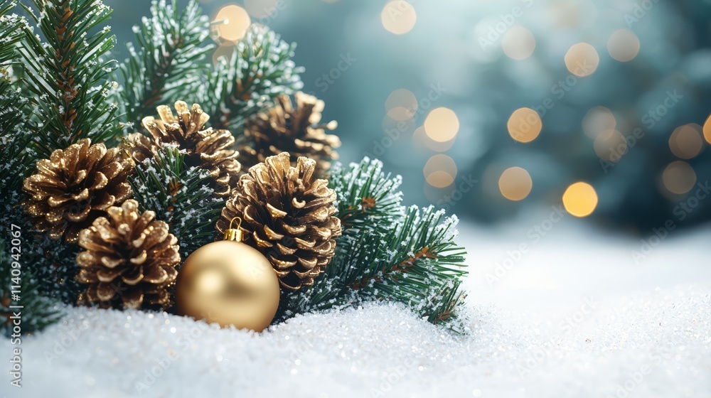 a christmas tree with gold ornaments in the snow a christmas tree with gold ornaments in the snow