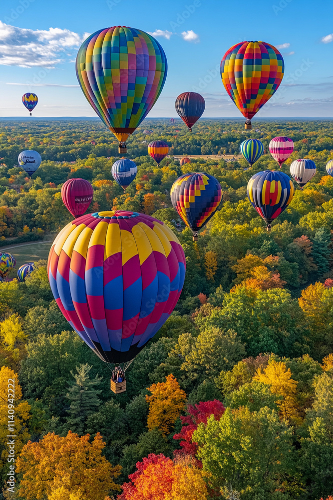 Fototapeta premium Colorful hot air balloons soar above a vibrant autumn landscape with colorful foliage and clear blue skies. Generative AI