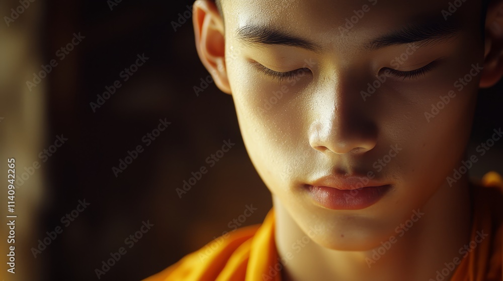 A young man in an orange robe with his eyes closed A young man in an orange robe with his eyes closed