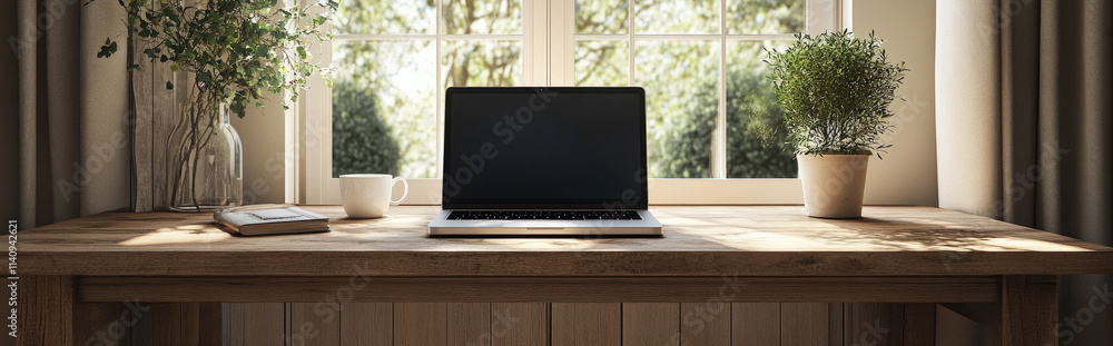 A sleek laptop on a wooden desk with a cup of coffee beside it, minimalist home office, bright natural light, clean and uncluttered design A sleek laptop on a wooden desk with a cup of coffee beside it, minimalist home office, bright natural light, clean and uncluttered design