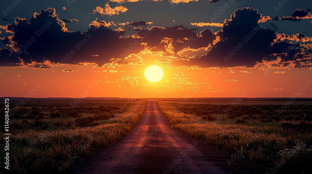 A dirt road in the middle of a field at sunset A dirt road in the middle of a field at sunset