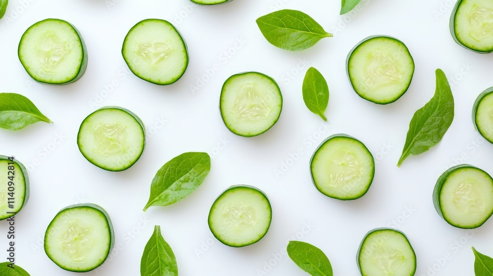 A bunch of sliced cucumbers with leaves on a white surface A bunch of sliced cucumbers with leaves on a white surface